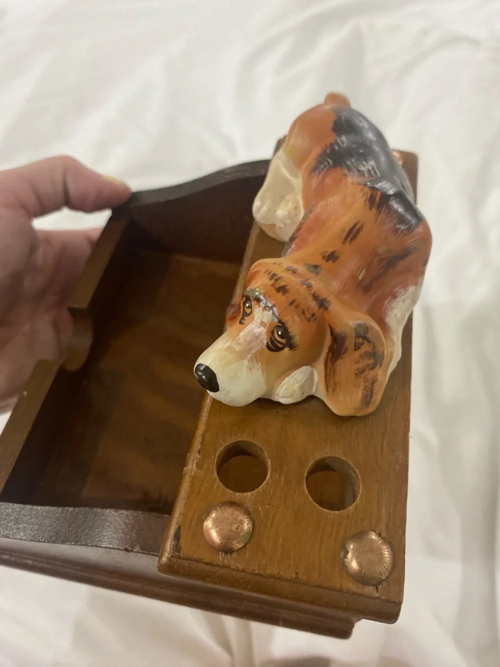 Vintage Ceramic Basset Hound on Wooden Office supply Holder - Brown & Orange